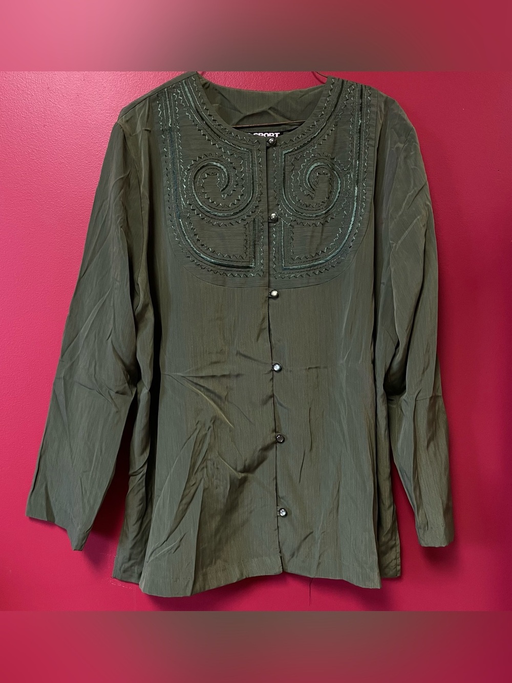 Vintage Susan Graver Green Embroidered Neckline Detail Size Large